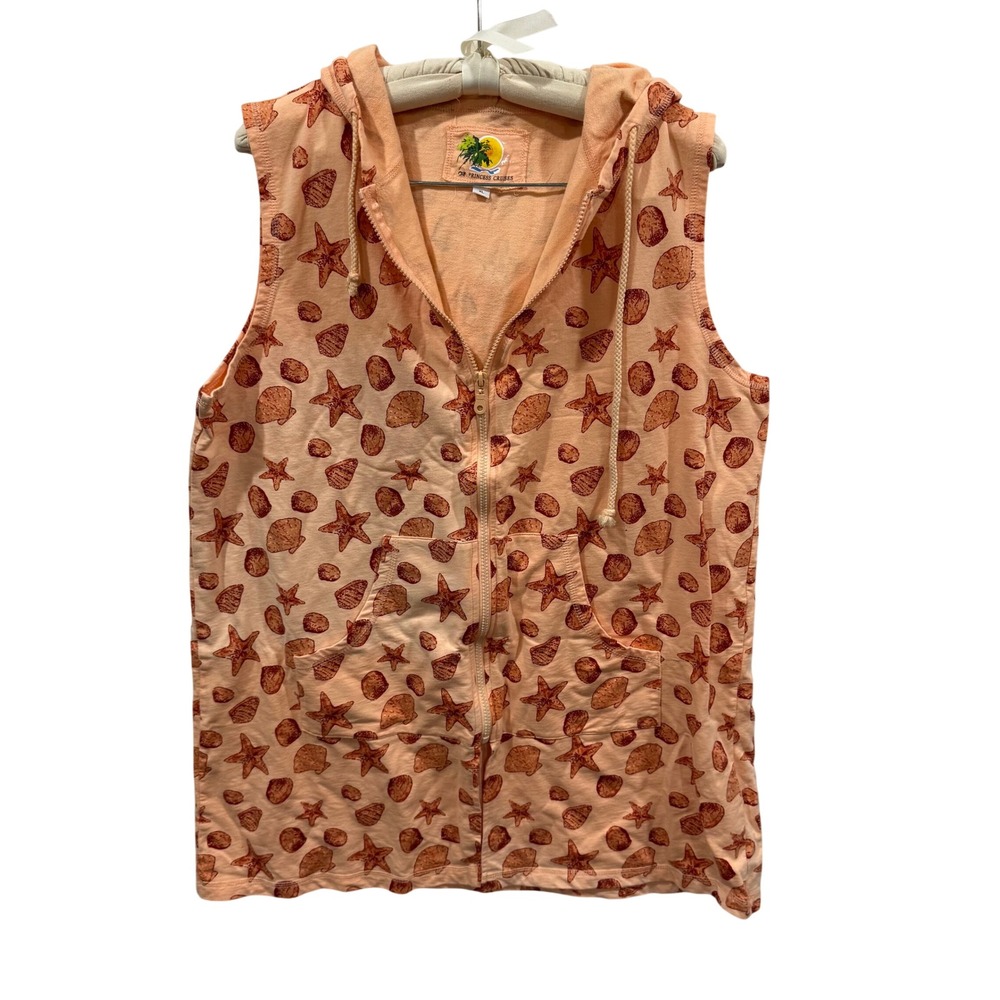 Princess Cruises Womens XL Peach Starfish Seashell Sleeveless Zip Up Hoodie Vest